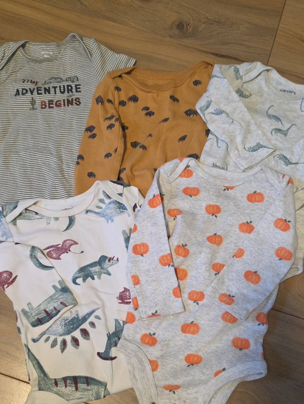 Mixed Baby Onesie 5pc Set - Pumpkin & Animal Prints 9m